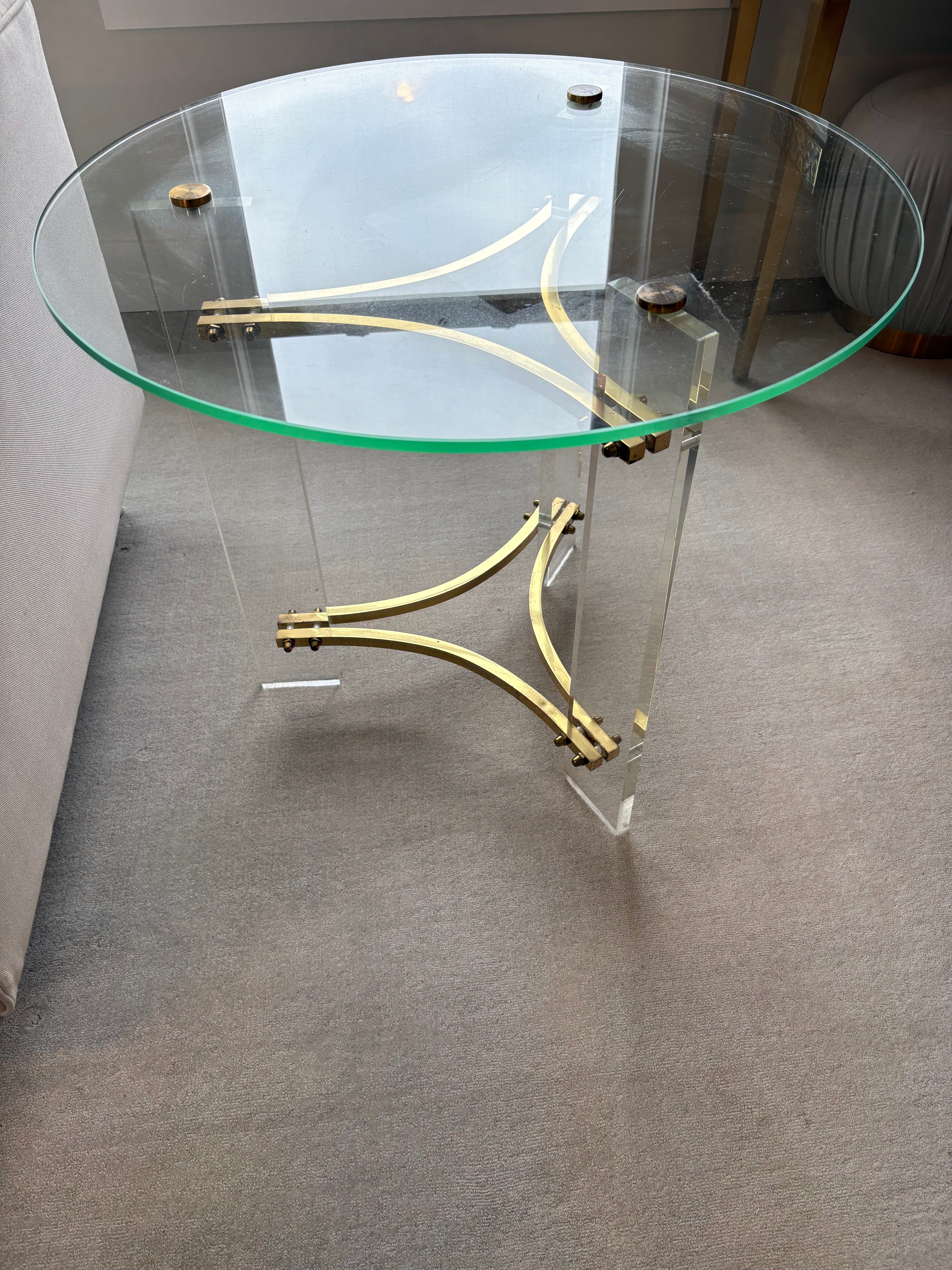 Vintage Round  Brass, Glass & Lucite Side Table