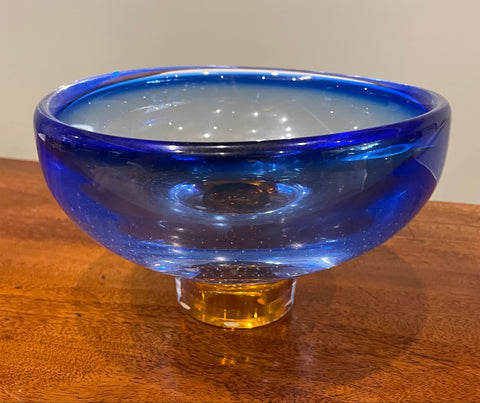Kosta Boda Blue Glass Bowl with Amber Glass Base