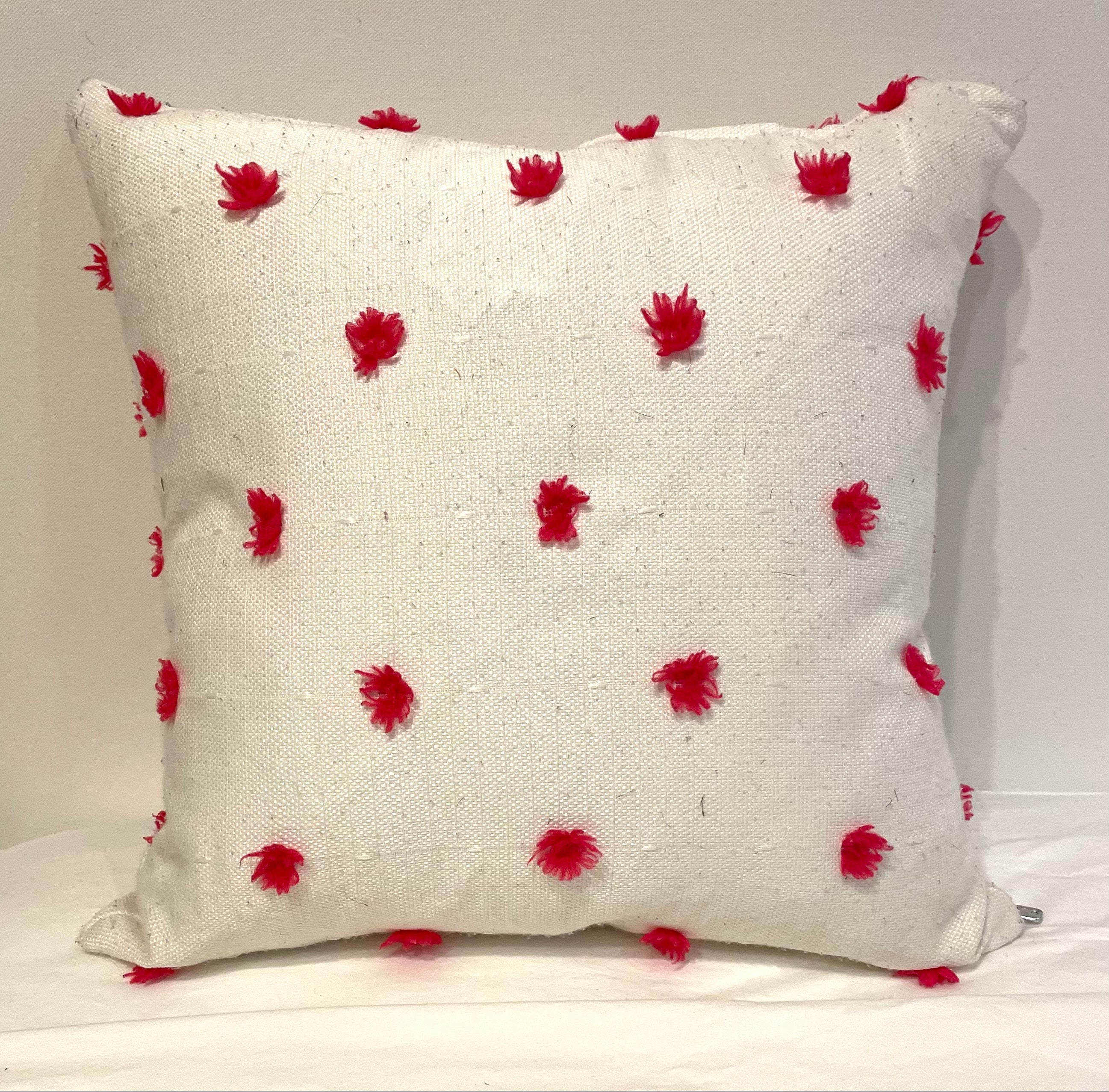 White Down Ethan Allen Pillow with Pink Yarn Bursts