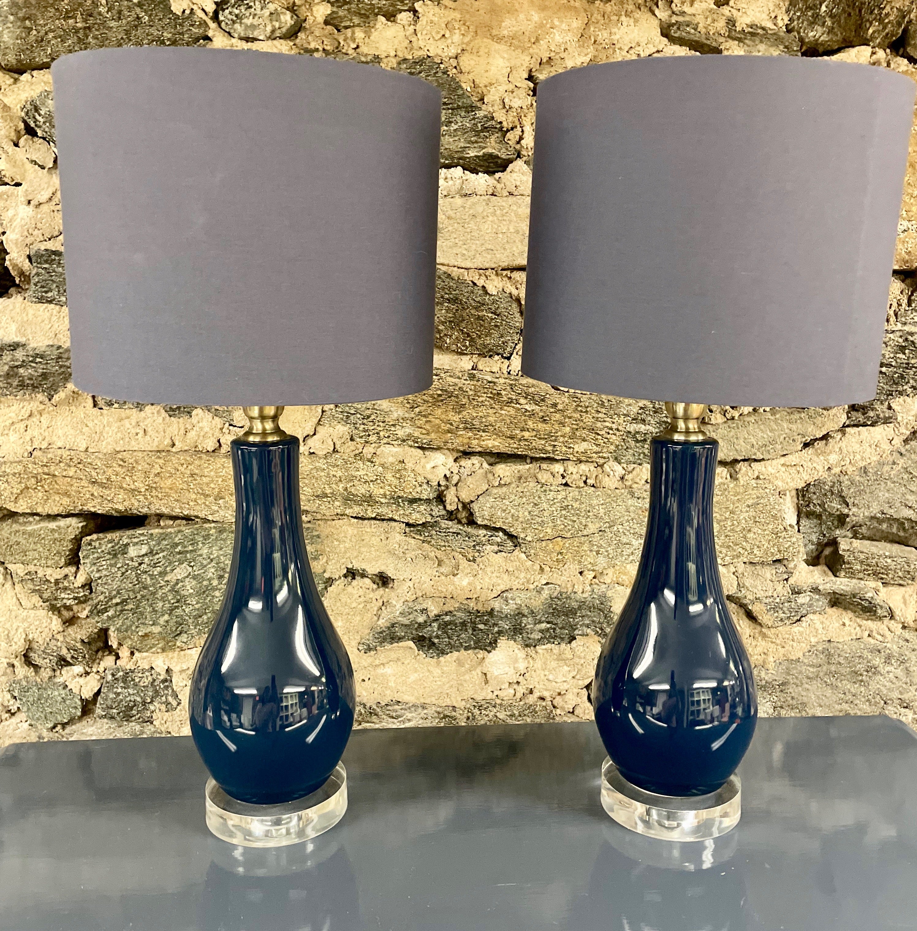 Pair of Blue Urn Shaped Lamps with Lucite Bases